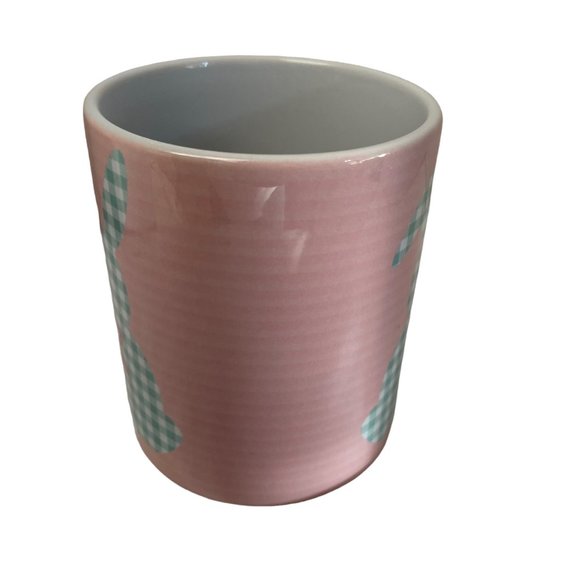 Hallmark Mug Cup Pink Rabbit Green Gingham Plaid R Initial Monogram 4" x 3 1/2" - Picture 3 of 6